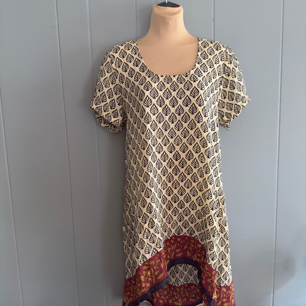 Tolani 100%‎ silk tunic dress boho India print block floral short sleeve pockets